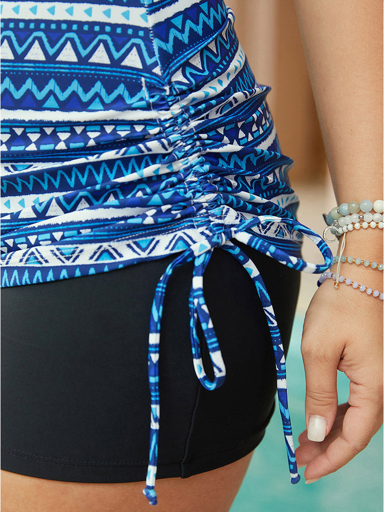 Striped Geometric Mesh Insert Ruched Drawstring  Tankini Top