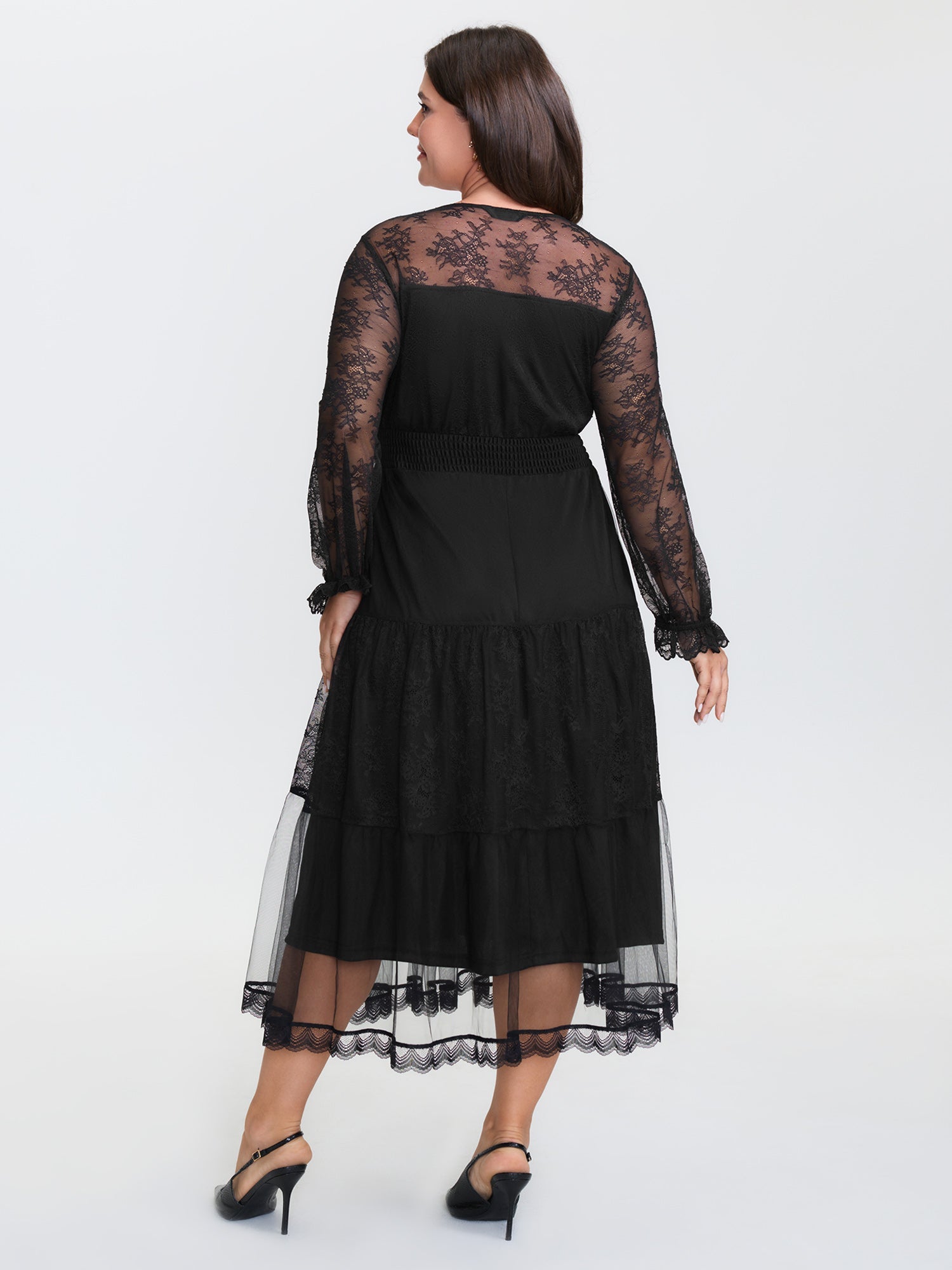 Sheer Lace Trim Stretchy Waist Midi Dress