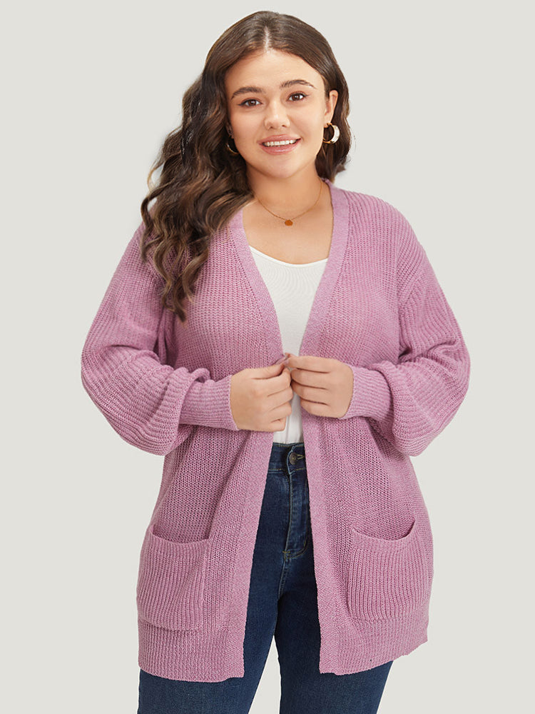 Solid Patched Pocket Lantern Sleeve Open Front Cardigan