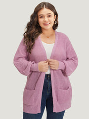 Solid Patched Pocket Lantern Sleeve Open Front Cardigan