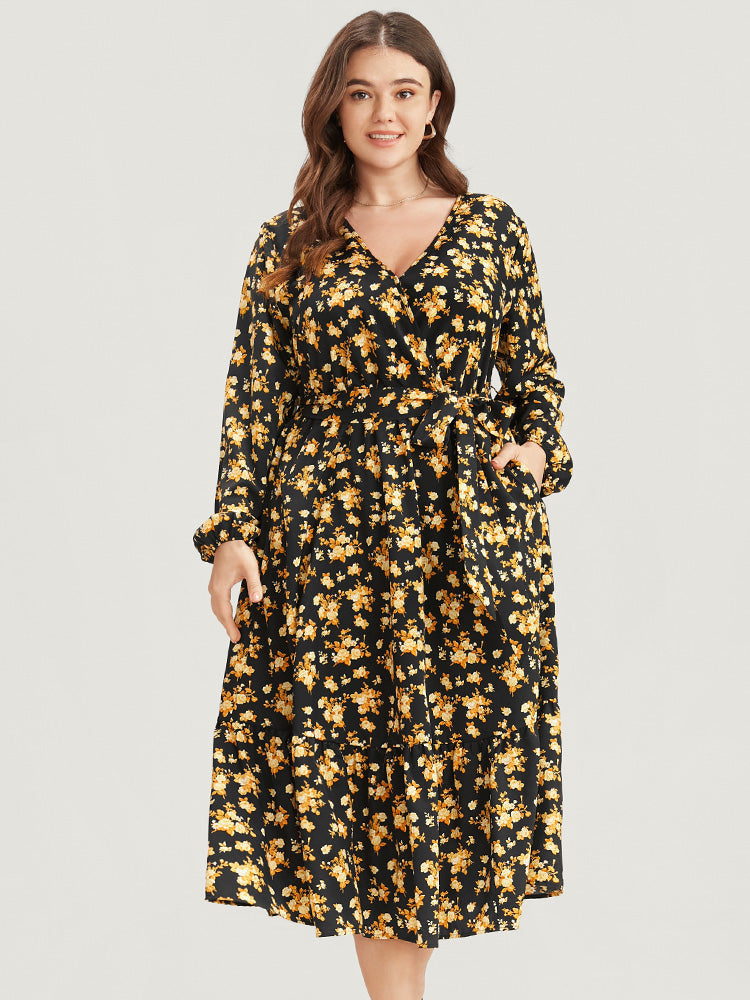 Floral Printed Pocket Lantern Sleeve Belted Wrap Midi Dress