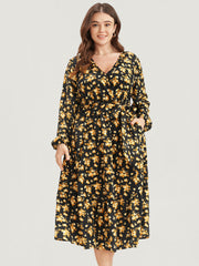Floral Printed Pocket Lantern Sleeve Belted Wrap Midi Dress