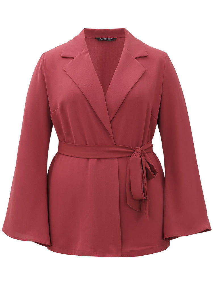 Solid Bell Sleeve Belted Lapel Collar Blazer