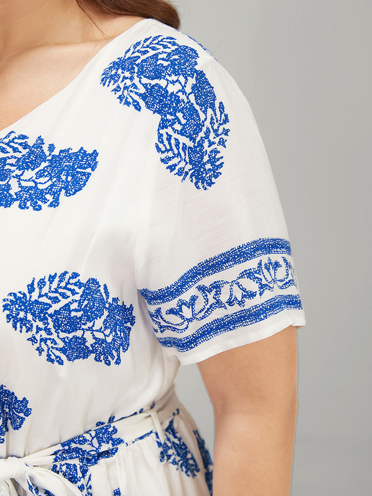 Floral Print Pocket Belted Ruffle Hem Knee Dress