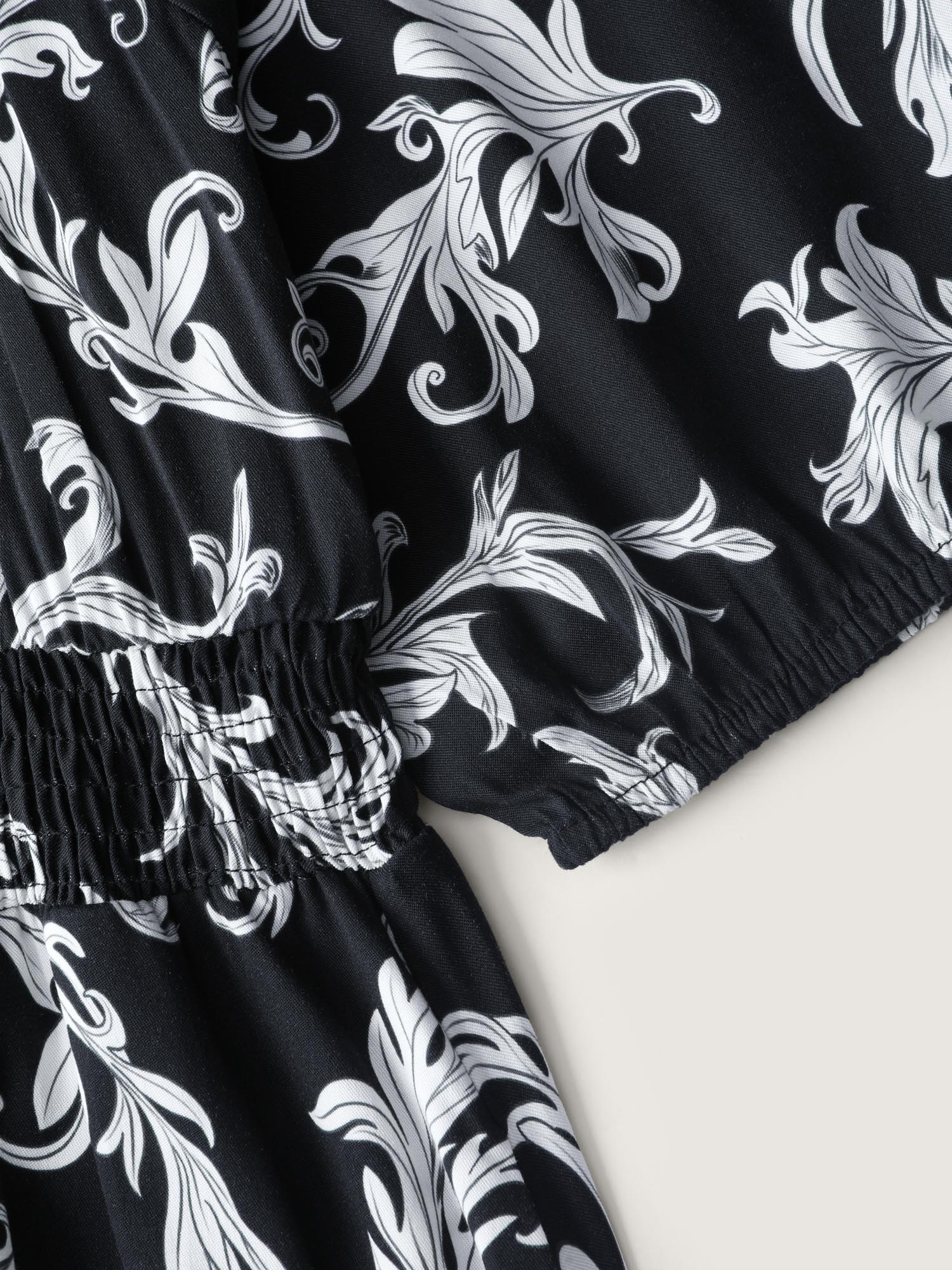 Scroll Pattern Adjustable Drawstring Pockets Maxi Dress