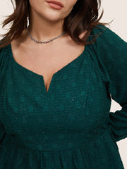 Solid Jacquard Notched Lantern Sleeve Blouse