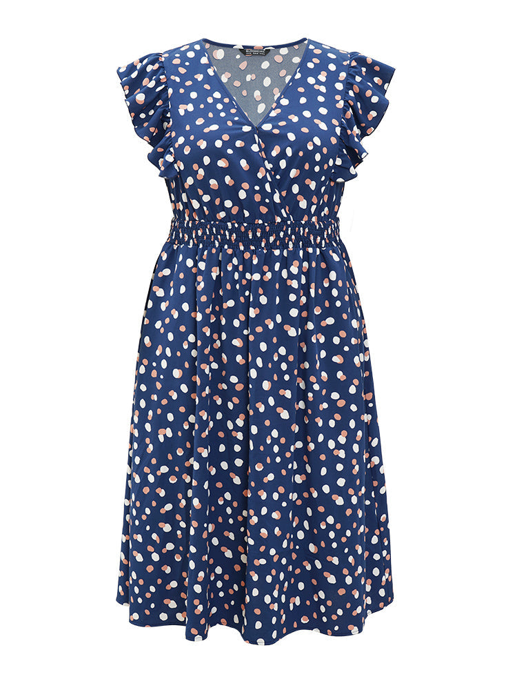 Allover Print Pocket Wrap Flutter Cap Sleeve Dress