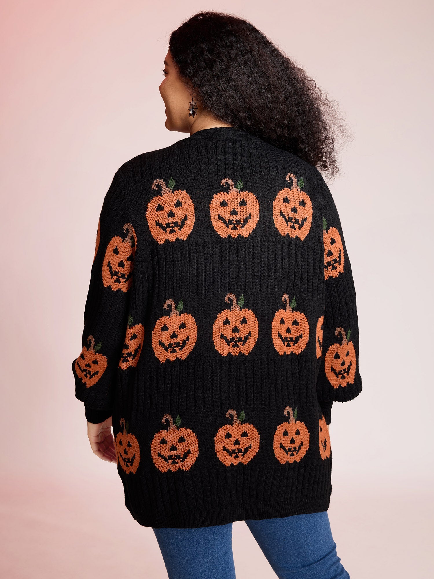 Haunted Pumpkin Print Curvy Hem Knit Cardigan