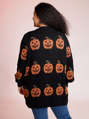 Haunted Pumpkin Print Curvy Hem Knit Cardigan
