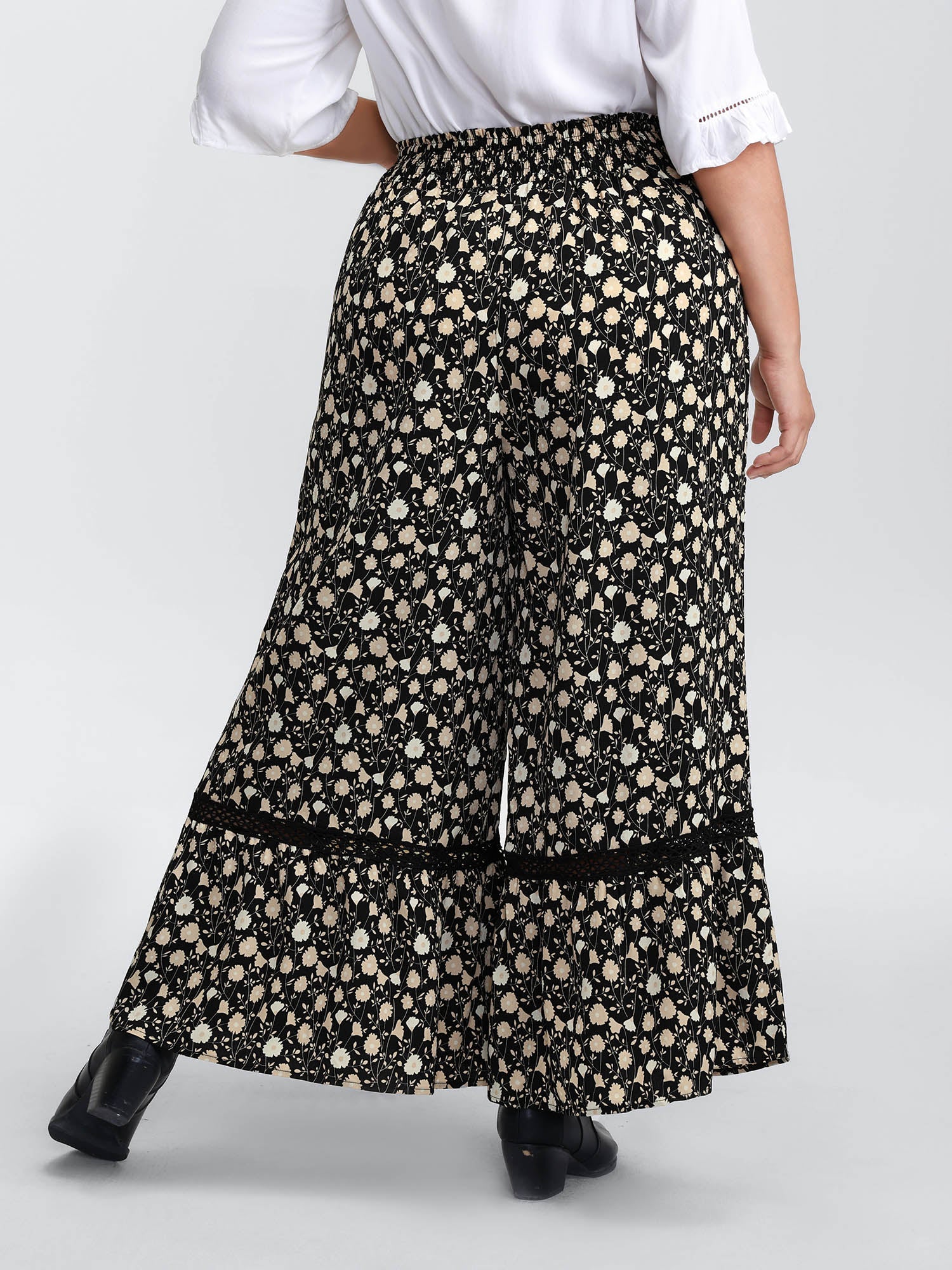 Floral Print Shirred Wide Waistband Tiered Pants