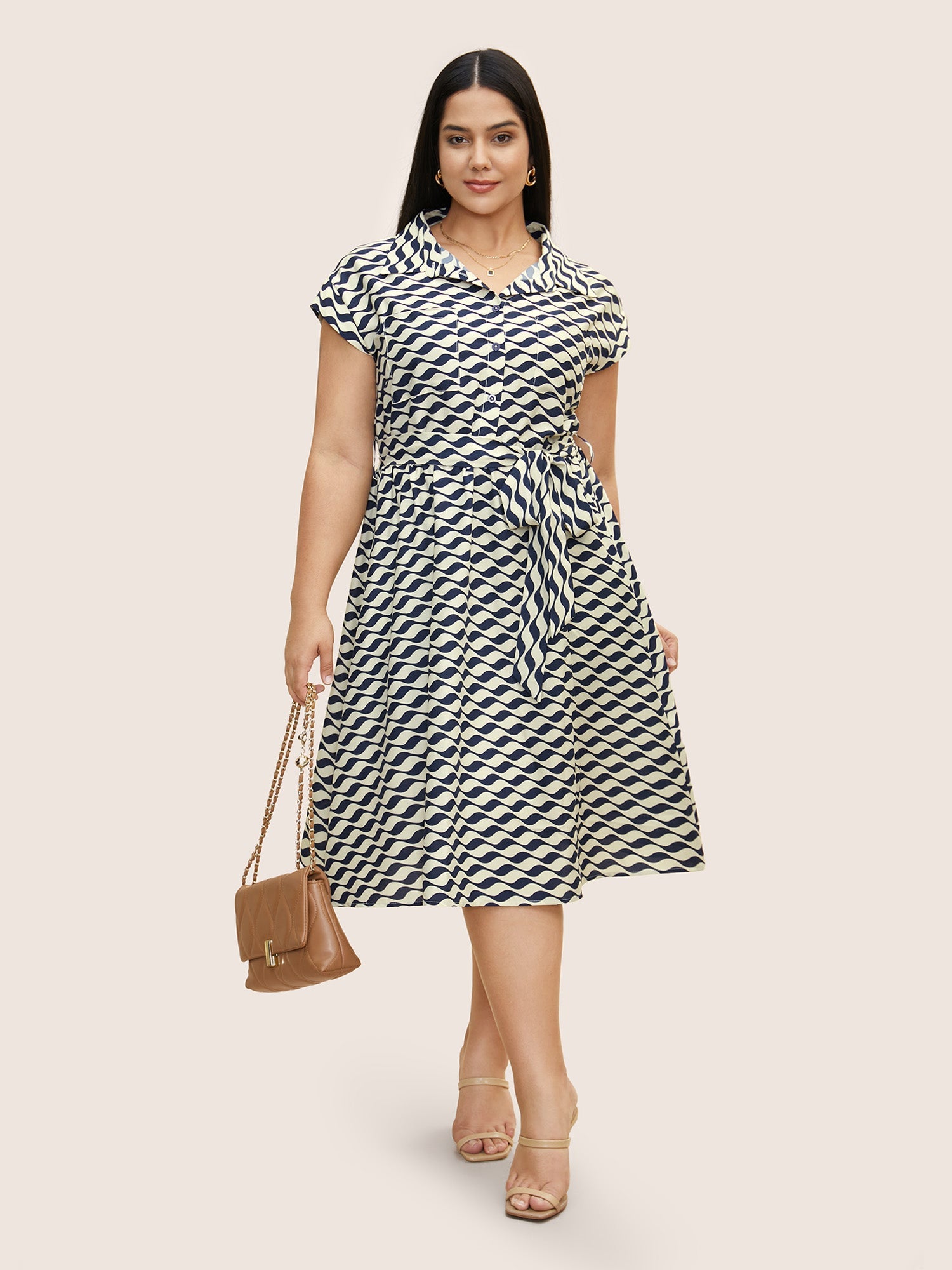 Shirt Collar Striped Belted Midi Dress