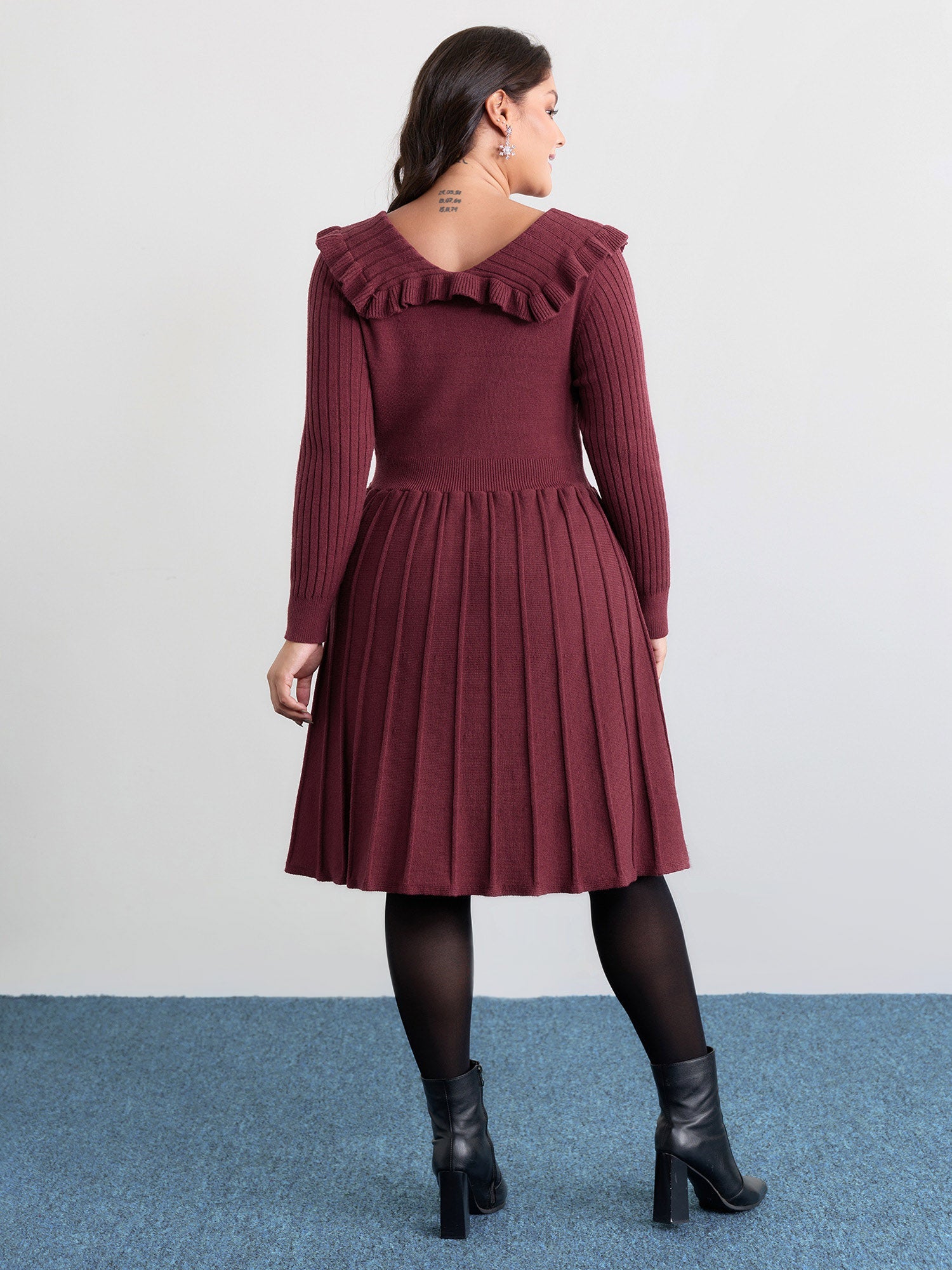 Supersoft Ruffled Neckline Cinched-Waist Sweater Dress