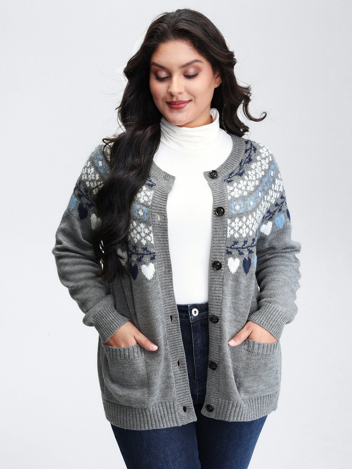 Fair Isle Patch Pockets Knit Cardigan