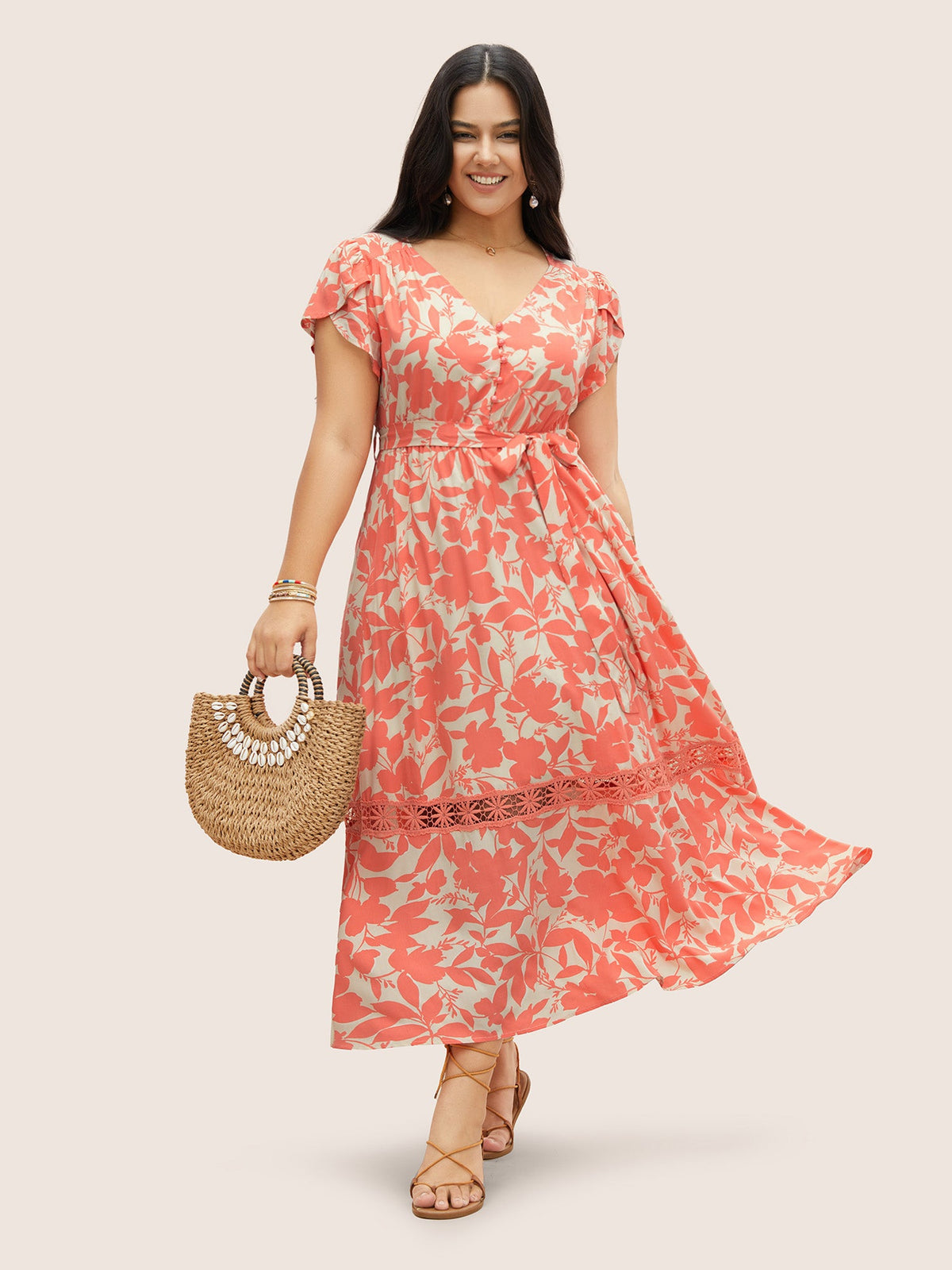 Silhouette Floral Print Lace Trim Petal Sleeve Dress