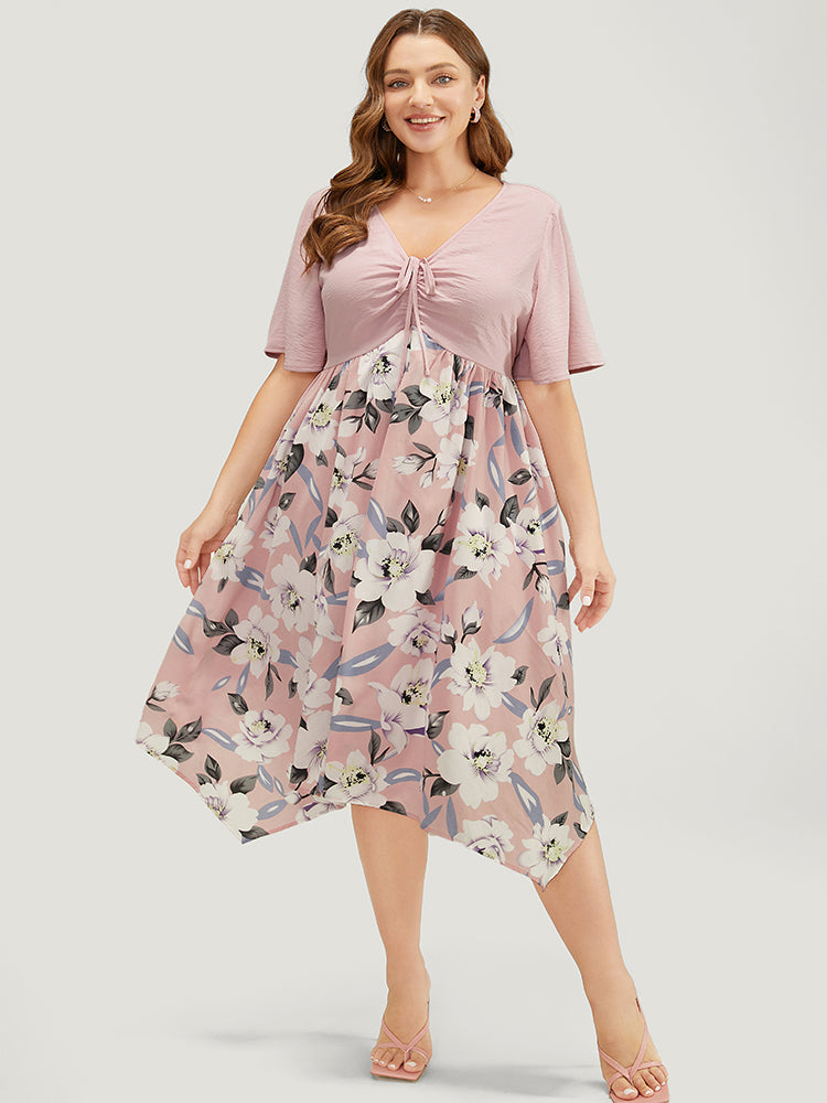Floral Hanky Hem Ruffle Pocket Ruched Drawstring Dress