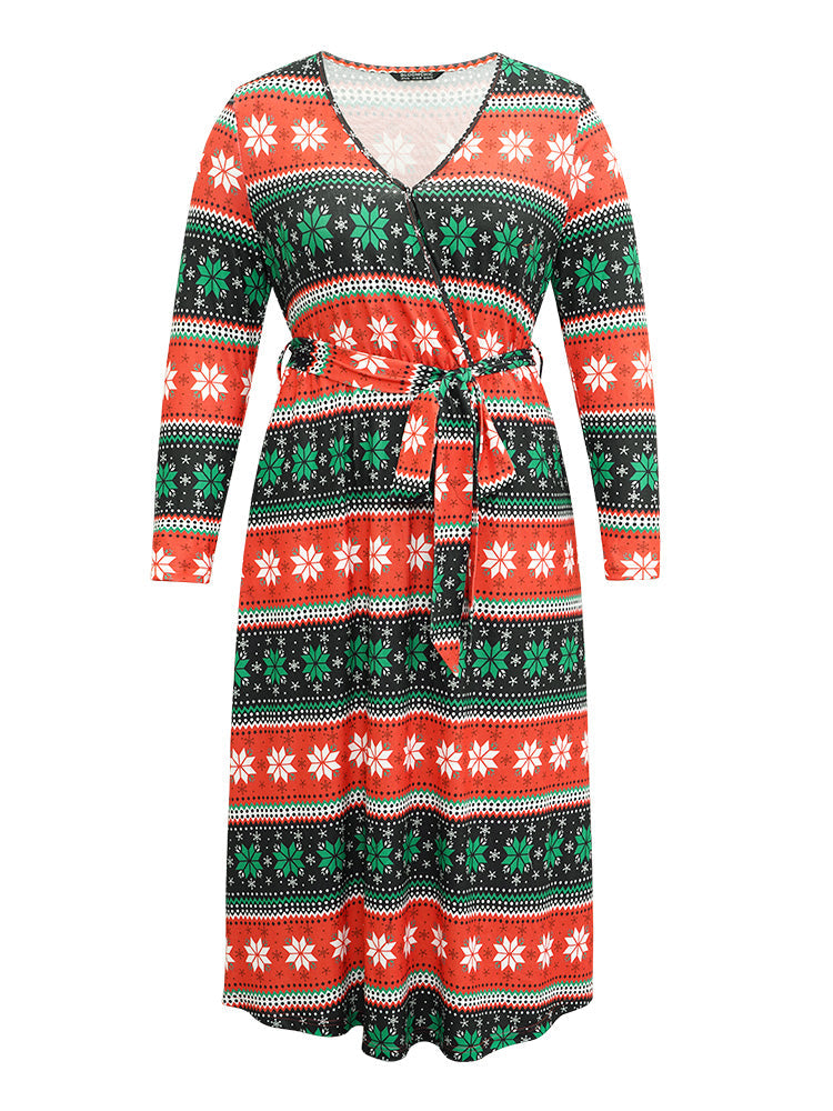 Snowflake Print Contrast Belted Surplice Neck Dress