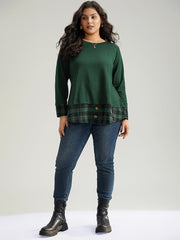 Plaid Patchwork Button Detail Curved Hem Sweatshirt