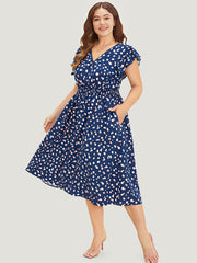 Allover Print Pocket Wrap Flutter Cap Sleeve Dress