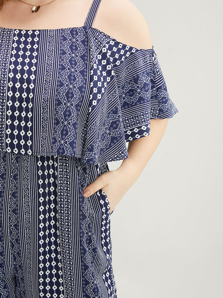 Striped Geometric Pocket Ruffles Cold Shoulder Jumpsuit