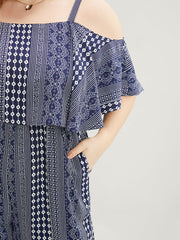 Striped Geometric Pocket Ruffles Cold Shoulder Jumpsuit