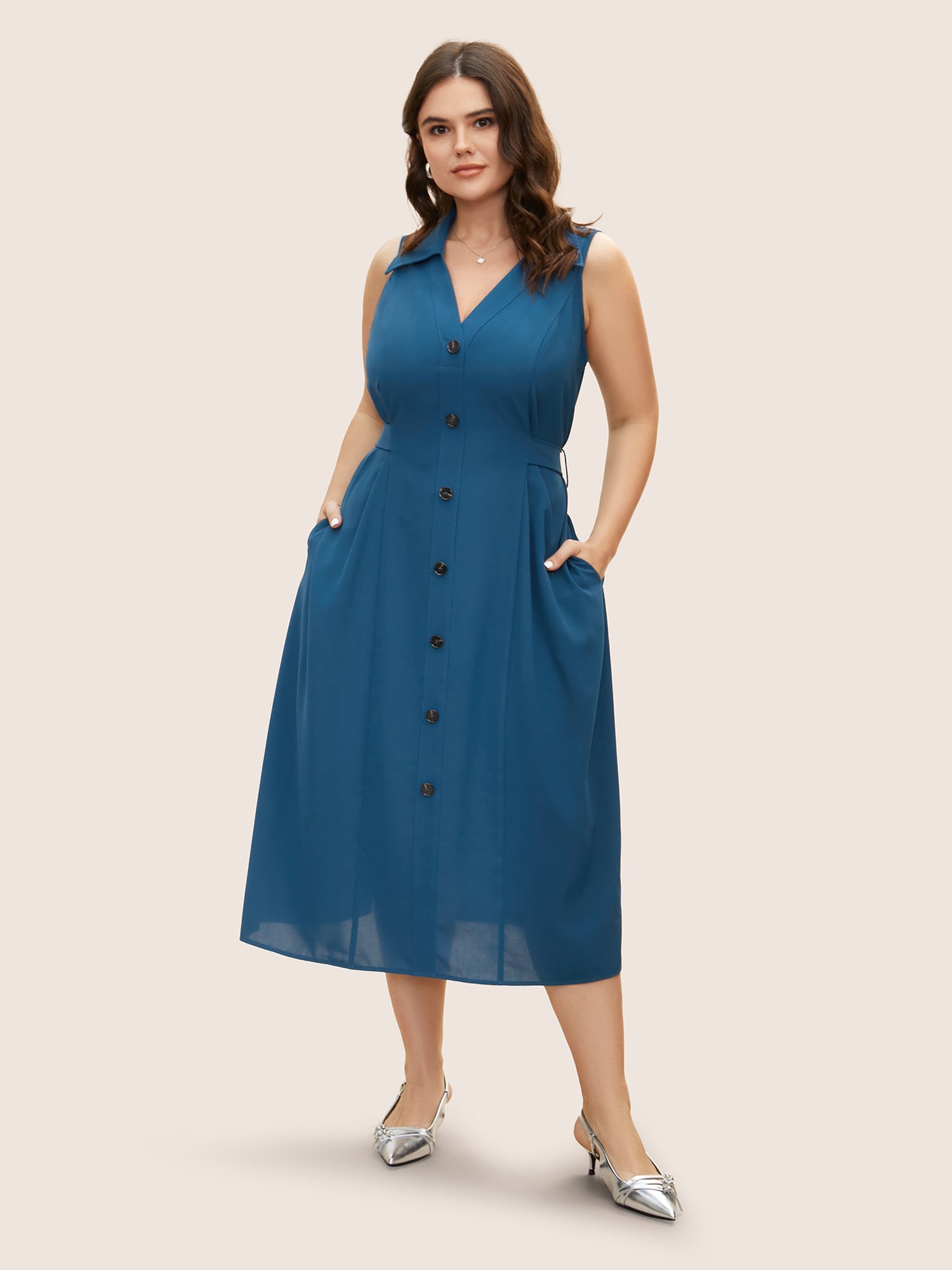 Shirt Collar Button Detail Sleeveless Dress