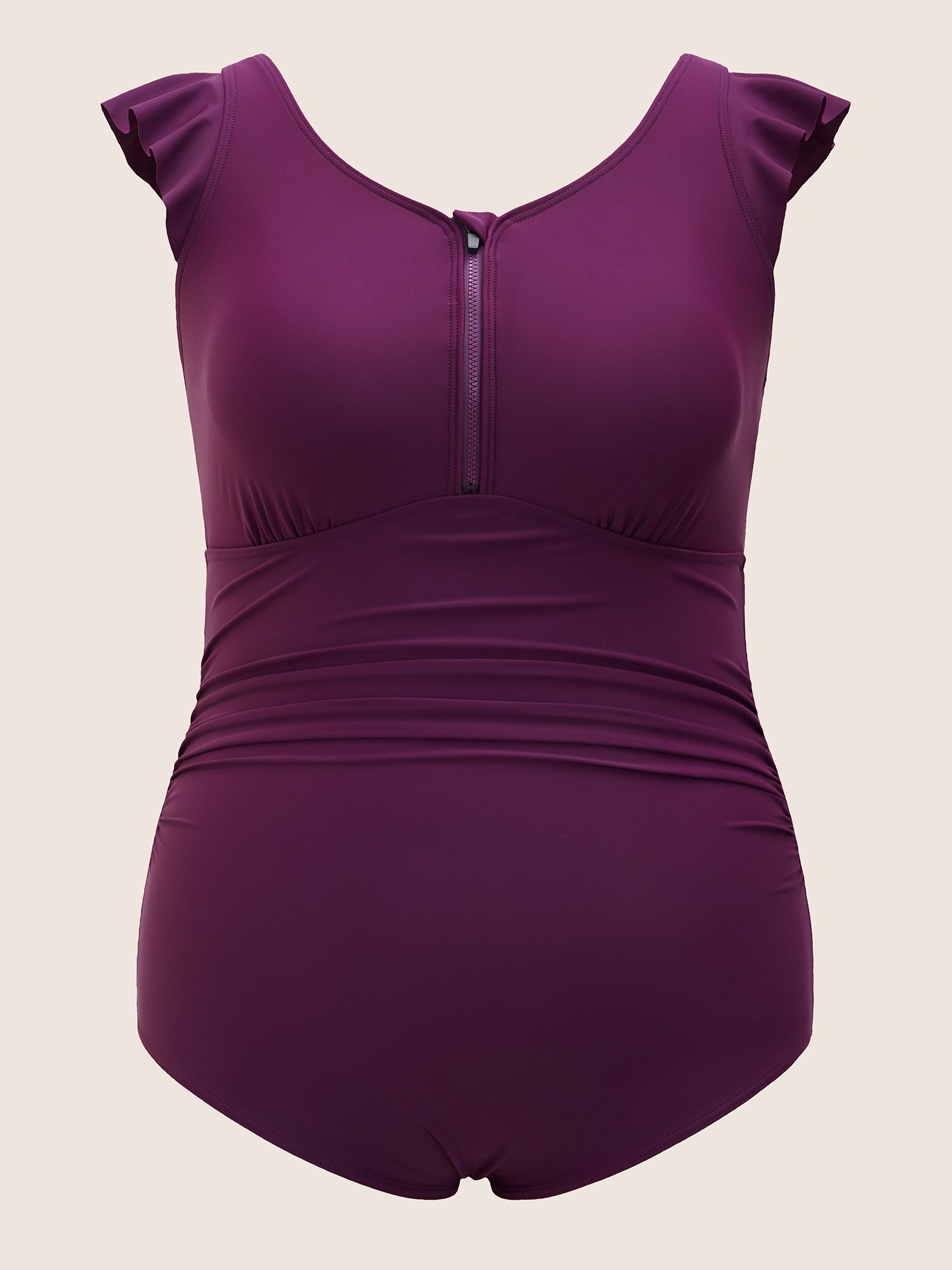 Solid Half Zip Ruffle Cap Sleeve One Piece Swimsuit