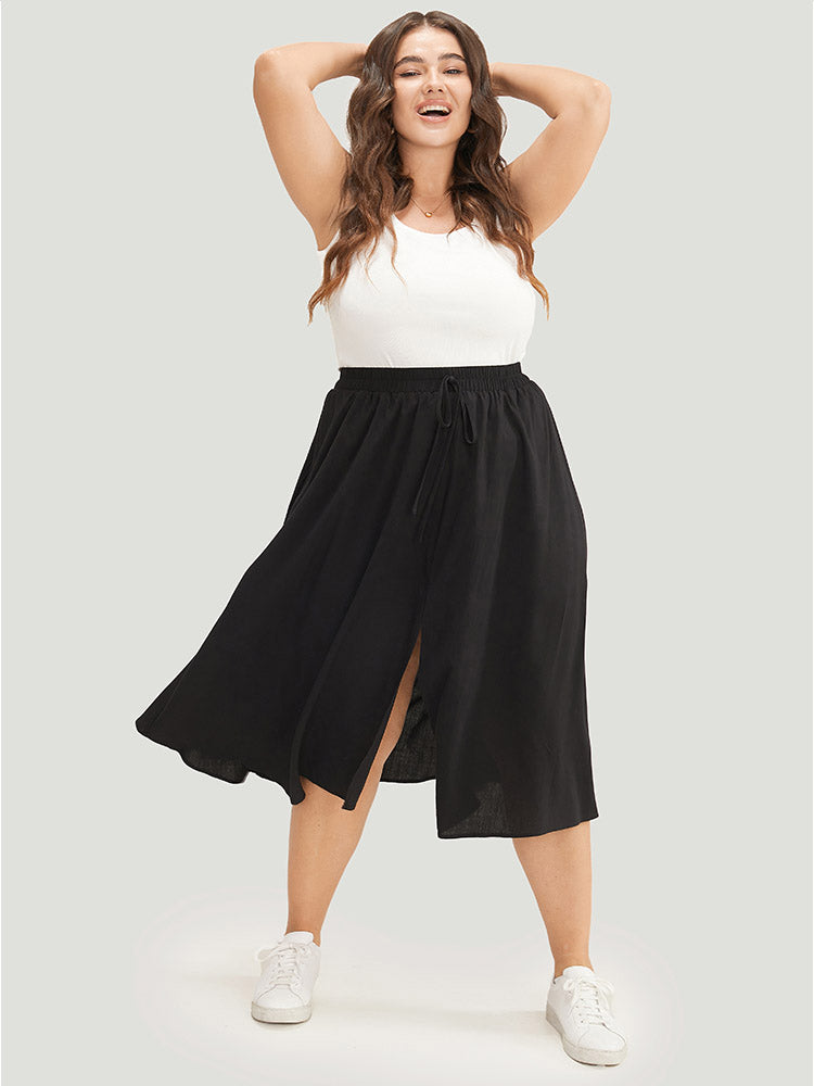 Solid Pocket Knot Elastic Waist Split Hem Skirt