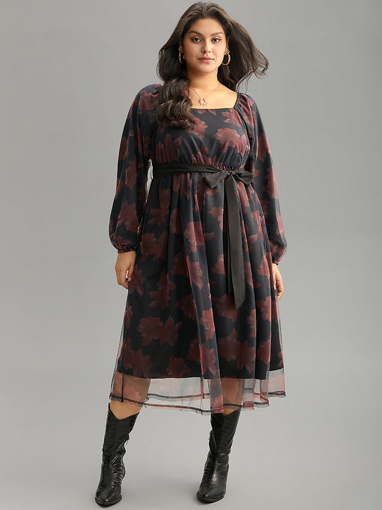 Floral Mesh Belted Gathered Lantern Sleeve Dress
