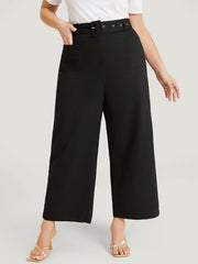 Solid Pocket Eyelet Detail Buckle Belted Pants