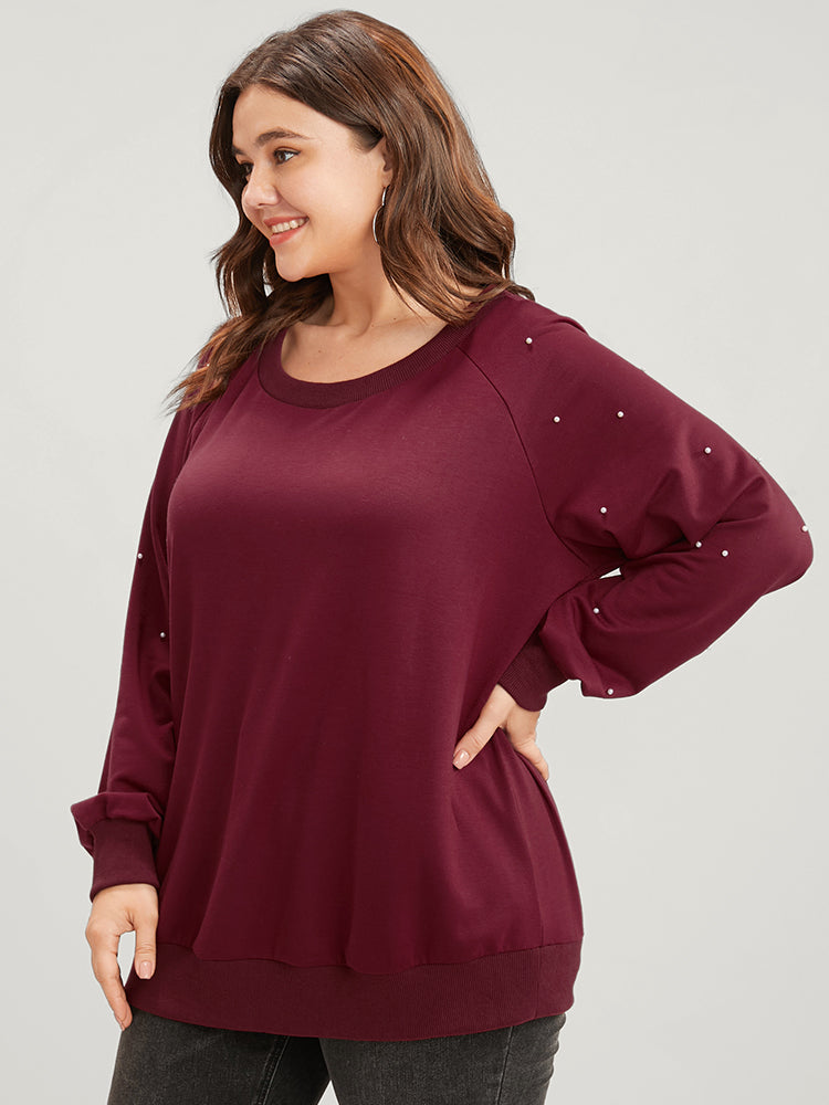Solid Pearls Beaded Raglan Sleeve Drop Shoulder Sweatshirt