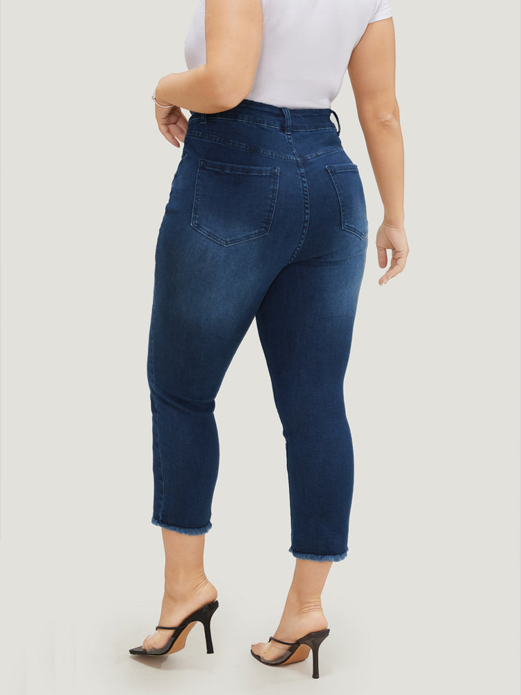 Very Stretchy High Rise Dark Wash Raw Hem Cropped Jeans