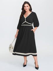 Shirred Waist V-Neck Contrast Midi Dress