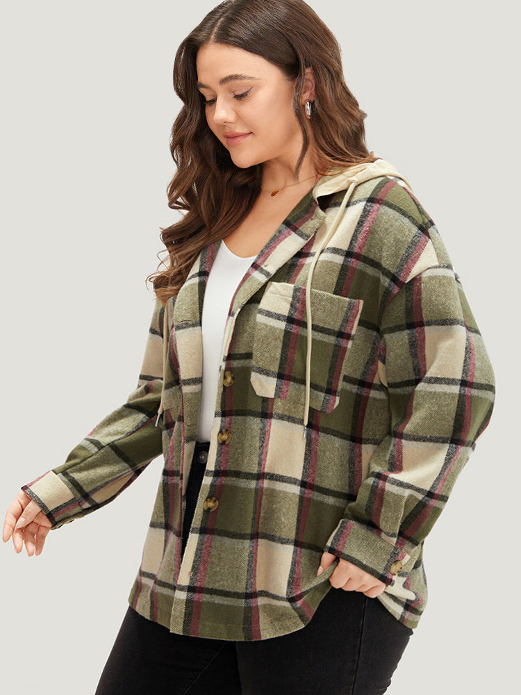 Plaid Hooded Drawstring Pocket Coat