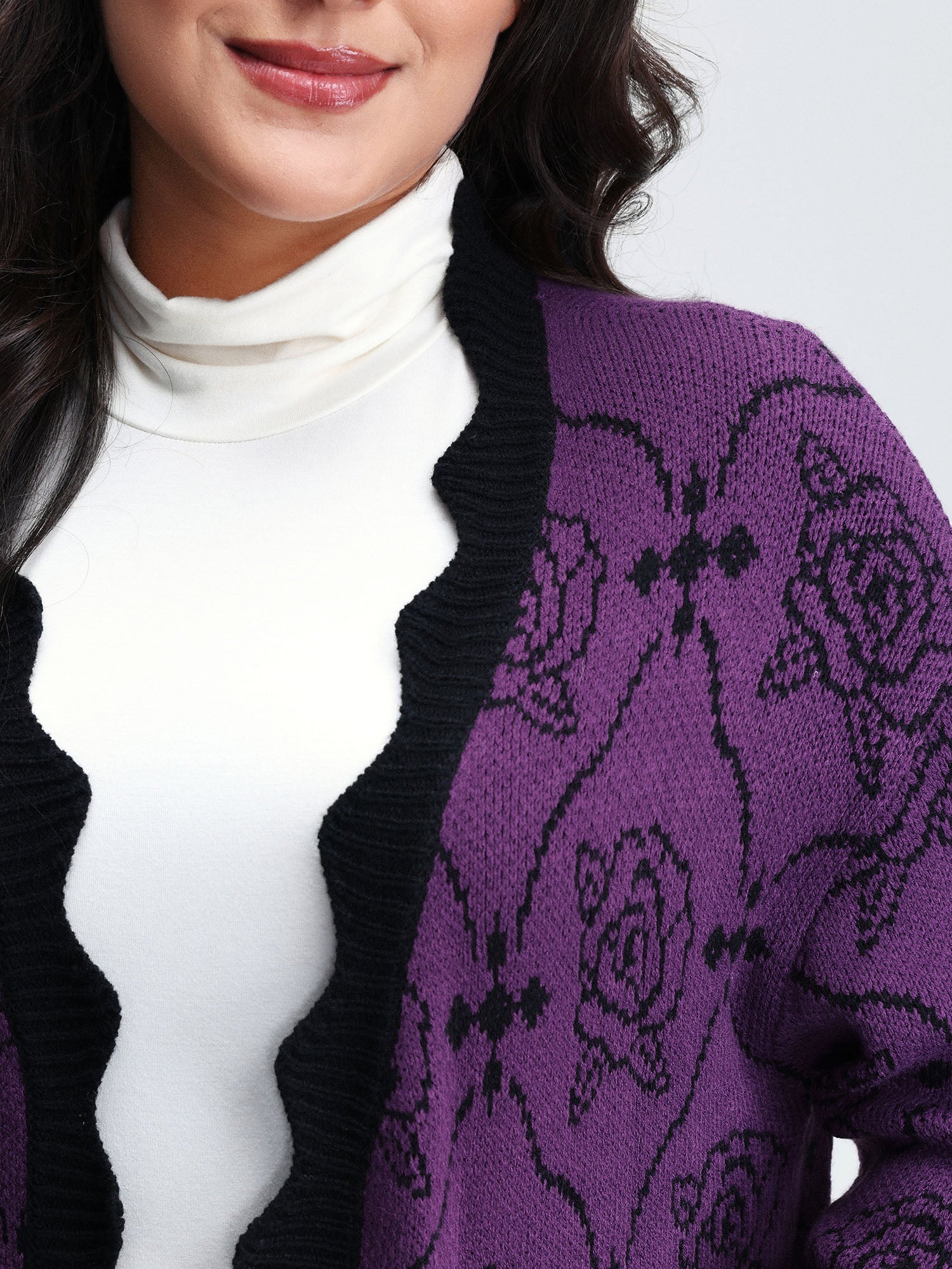 Floral Pattern Scalloped Collar Knit Cardigan