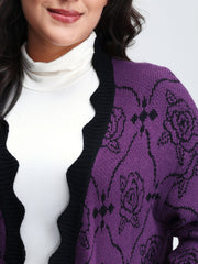 Floral Pattern Scalloped Collar Knit Cardigan