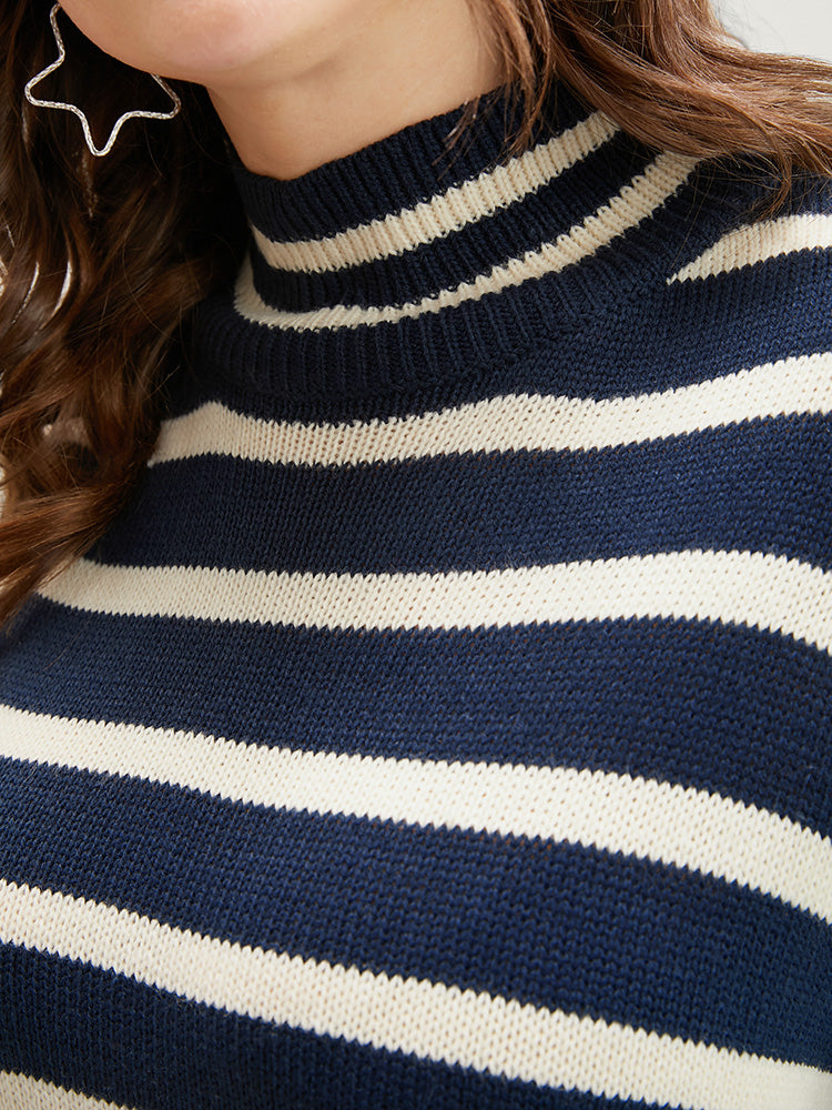 Striped Contrast Pointelle Knit Split Hem Mock Neck Knit Top