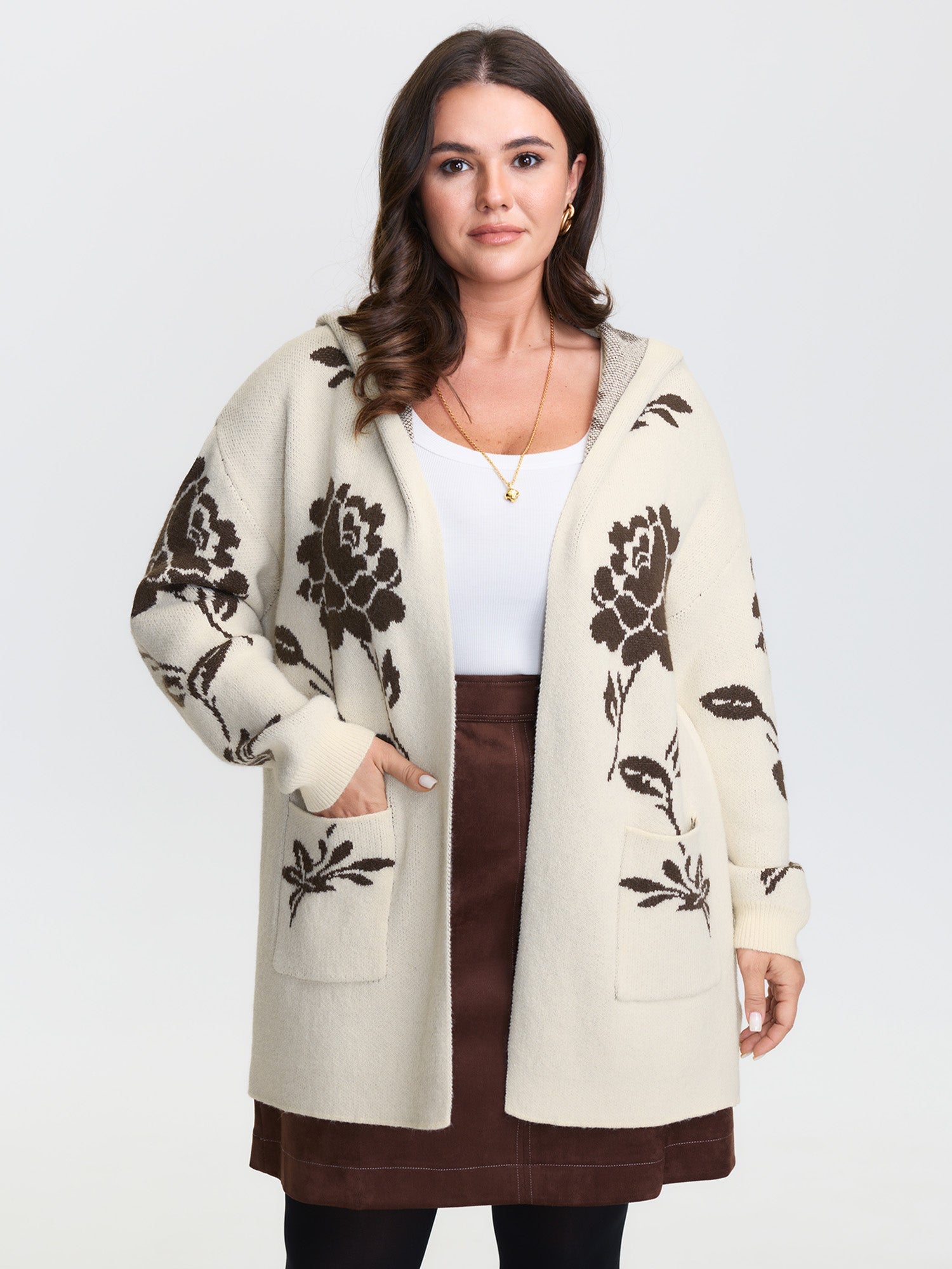 Floral Jacquard Hooded Contrast Knit Cardigan