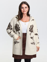Floral Jacquard Hooded Contrast Knit Cardigan