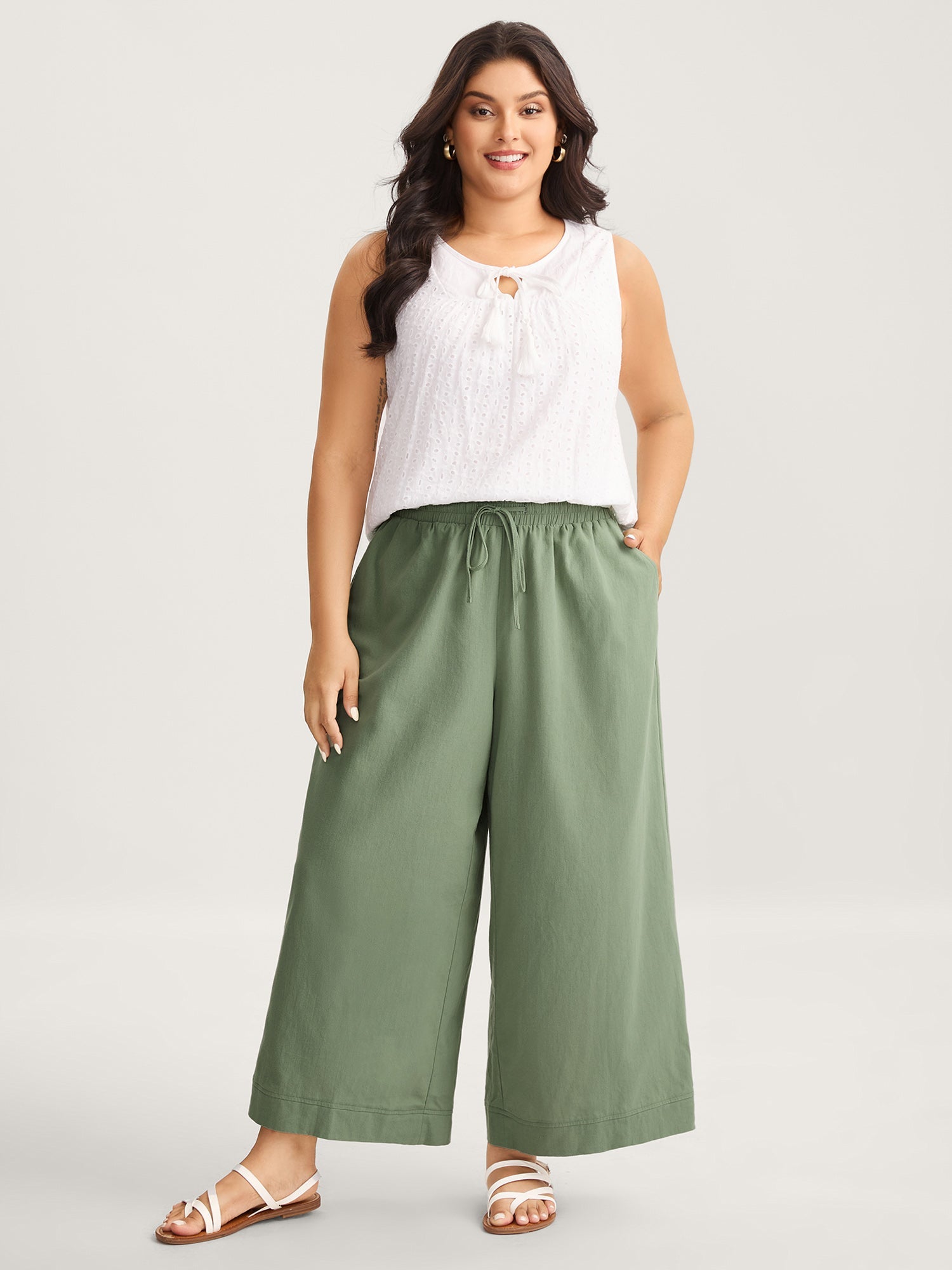 Shirred Drawstring Solid Wide-Leg Pants
