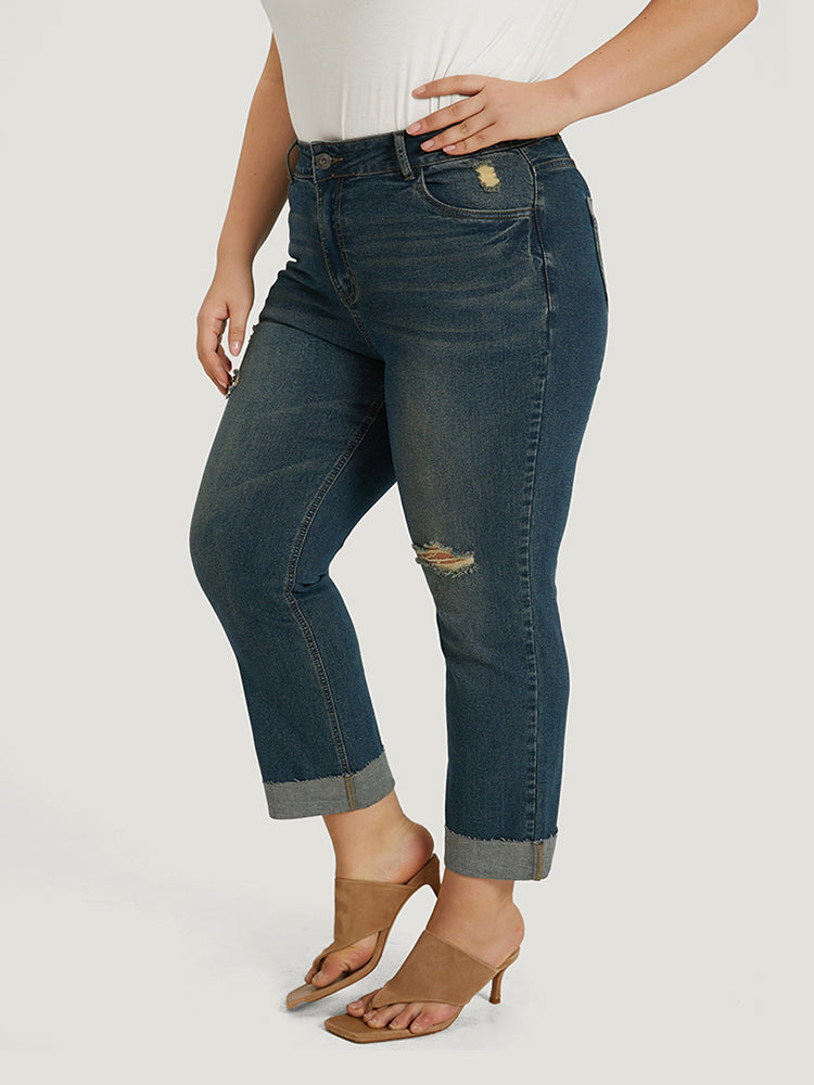 Solid Ripped Roll Hem Pocket Straight Leg Jeans