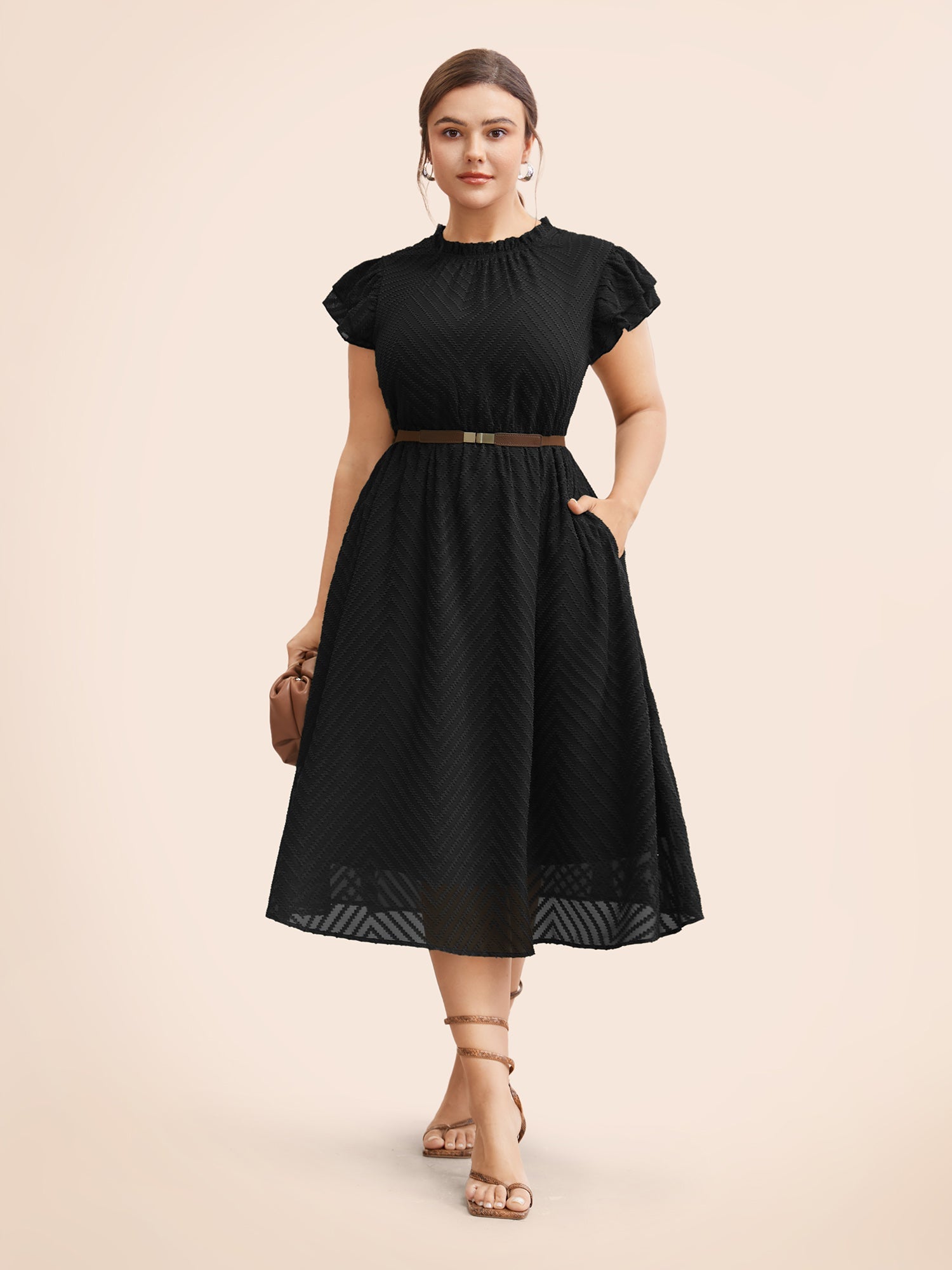 Plain Geometric Layered Sleeve Pocket Ruffle Mock Neck Dress