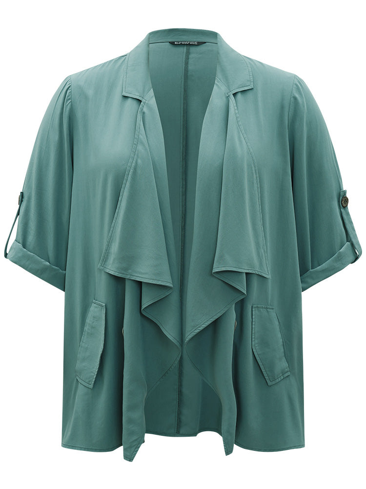 Solid Pocket Asymmetrical Neck Roll Tab Sleeve Jacket