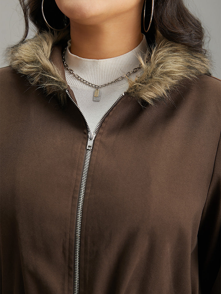 Fuzzy Trim Patchwork Zipper Drawstring Buckle Detail Jacket