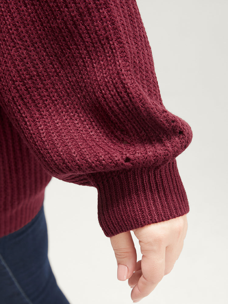 Solid Pointelle Knit Cut Out Lantern Sleeve Knit Top