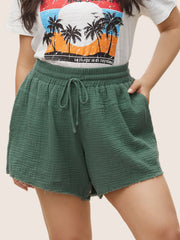 Solid Drawstring Elastic Waist Raw Hem Shorts