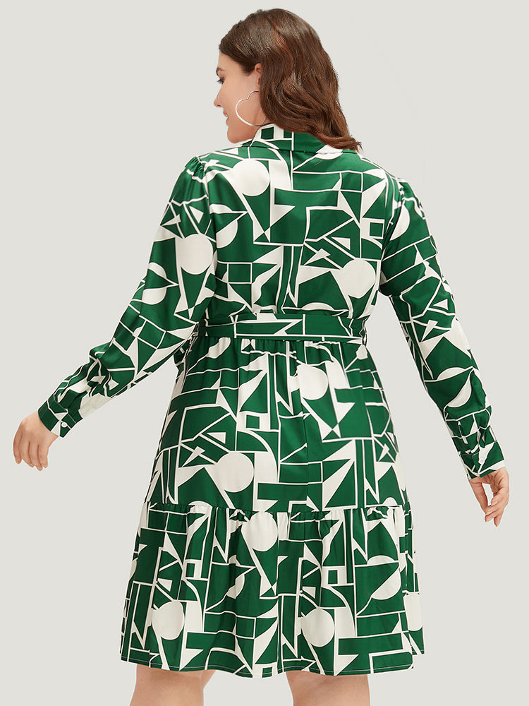 Geometric Shirt Collar Belted Pocket Flutter Dress