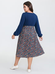 Floral Patchwork Pockets Belted Midi Dress