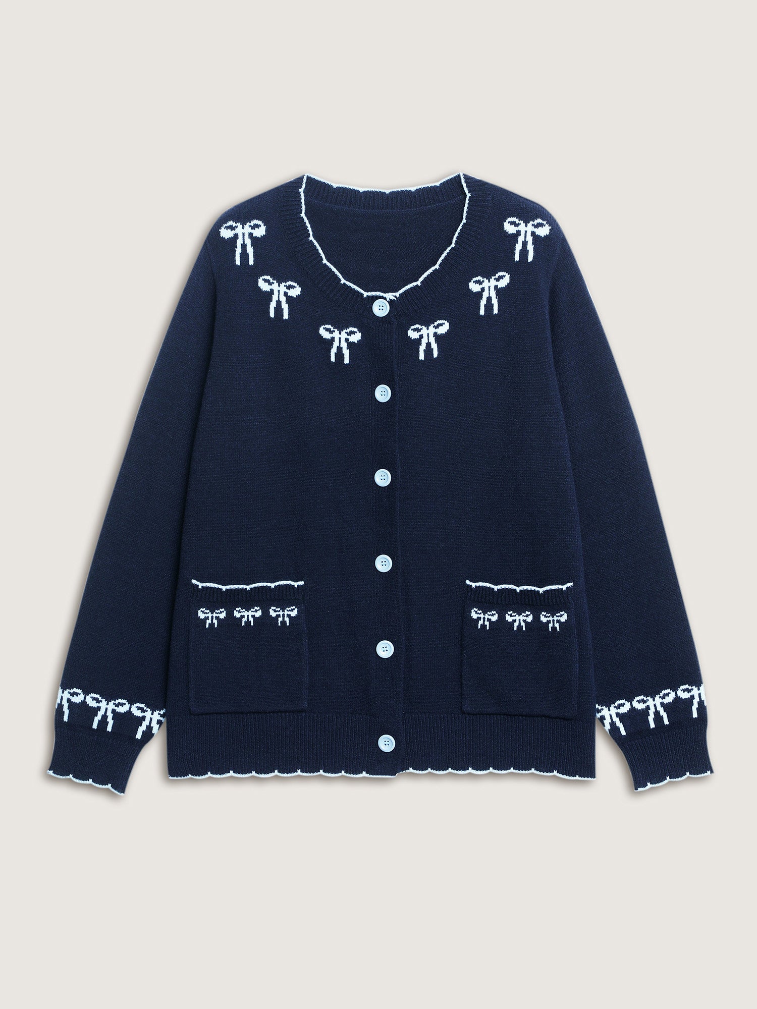Bow Pattern Jacquard Button Knit Cardigan