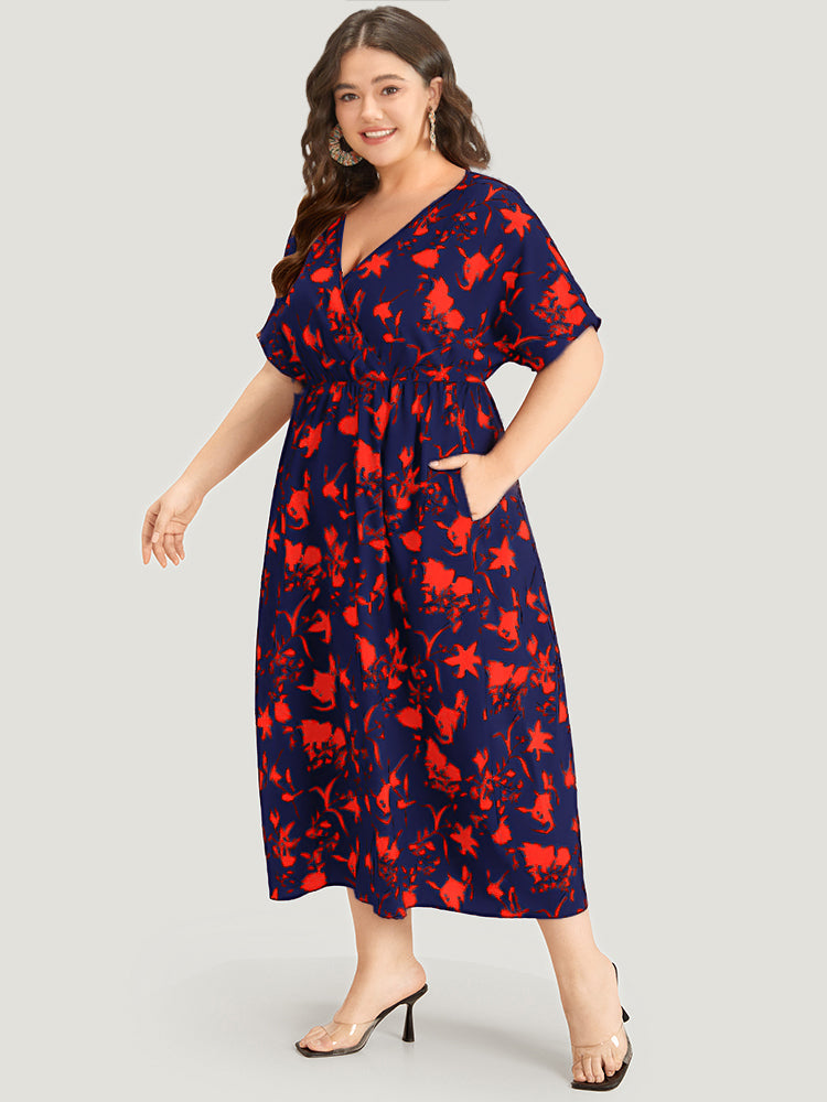 Silhouette Floral Print Surplice Neck Elastic Waist Dress