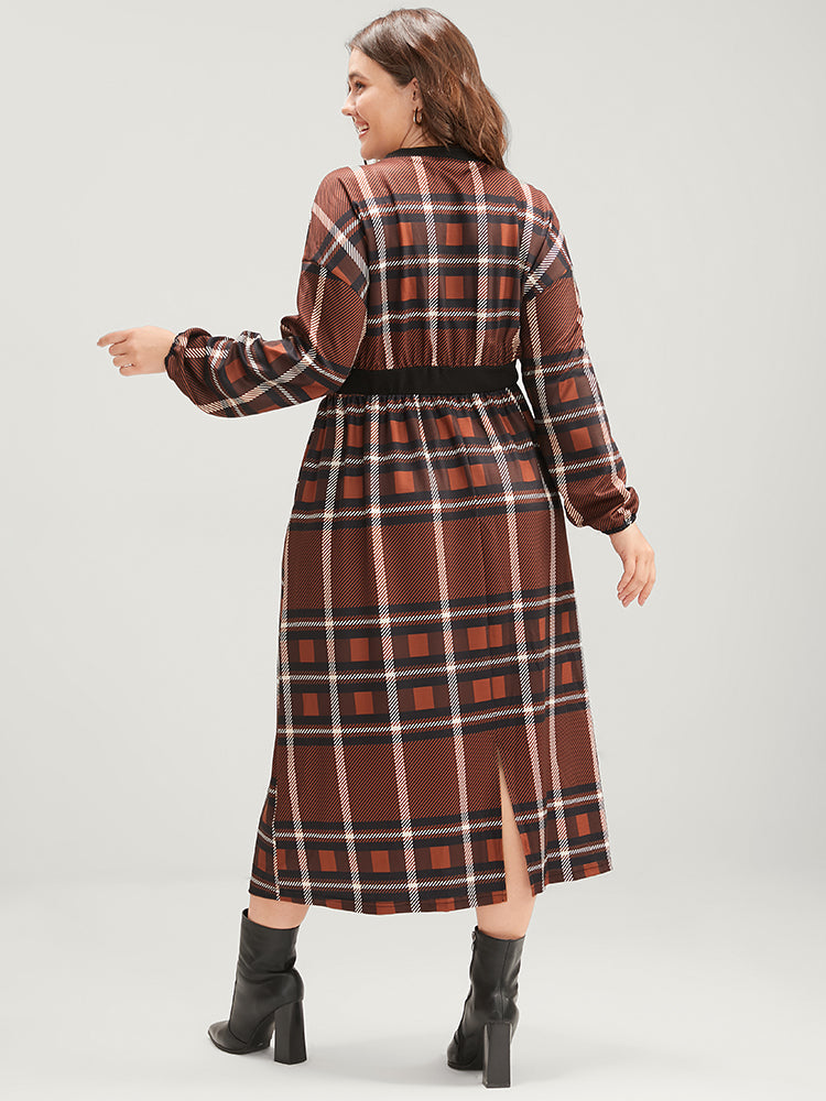Plaid Patchwork Round Neck Lantern Sleeve Pocket Midi Dress